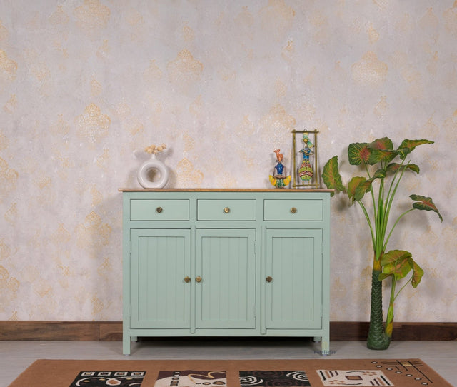 Spain Solid Mango Wood Sideboard Cabinet - 3 Doors & 3 Drawers - Sideboard - Furniselan - Silt-Green
