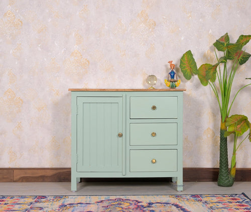 Spain Solid Mango Wood Sideboard Cabinet - Three Drawers & One Door - Sideboard - Furniselan - Silt-Green