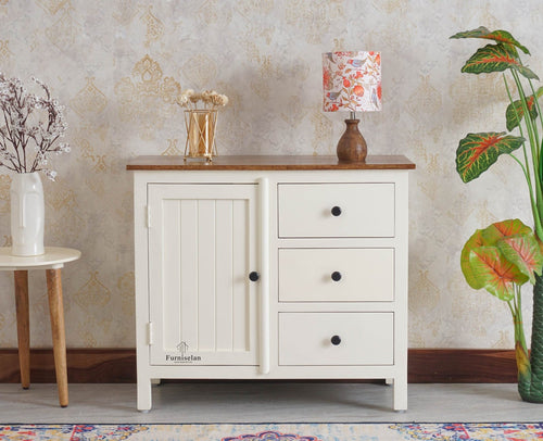 Spain Solid Mango Wood Sideboard Cabinet - Three Drawers & One Door - Sideboard - Furniselan - Frosty White