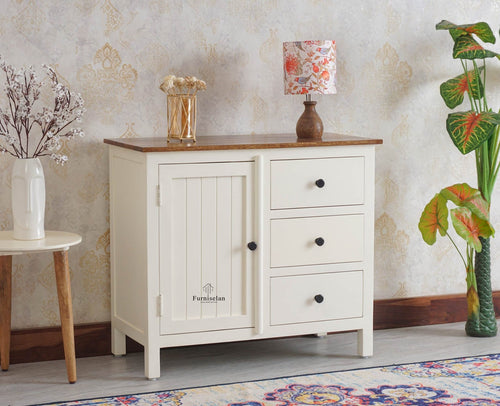Spain Solid Mango Wood Sideboard Cabinet - Three Drawers & One Door - Sideboard - Furniselan - Frosty White