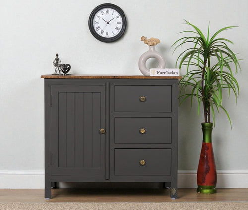 Spain Solid Mango Wood Sideboard Cabinet - Three Drawers & One Door - Sideboard - Furniselan - Slate-Grey