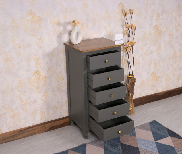 Spain Solid Mango Wood Tall Chest of Drawer - Five Drawers - Chest of Drawer - Furniselan - Slate-Grey