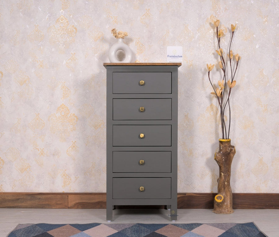 Spain Solid Mango Wood Tall Chest of Drawer - Five Drawers - Chest of Drawer - Furniselan - Slate-Grey