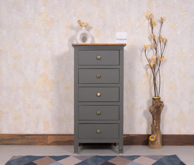 Spain Solid Mango Wood Tall Chest of Drawer - Five Drawers - Chest of Drawer - Furniselan - Slate-Grey