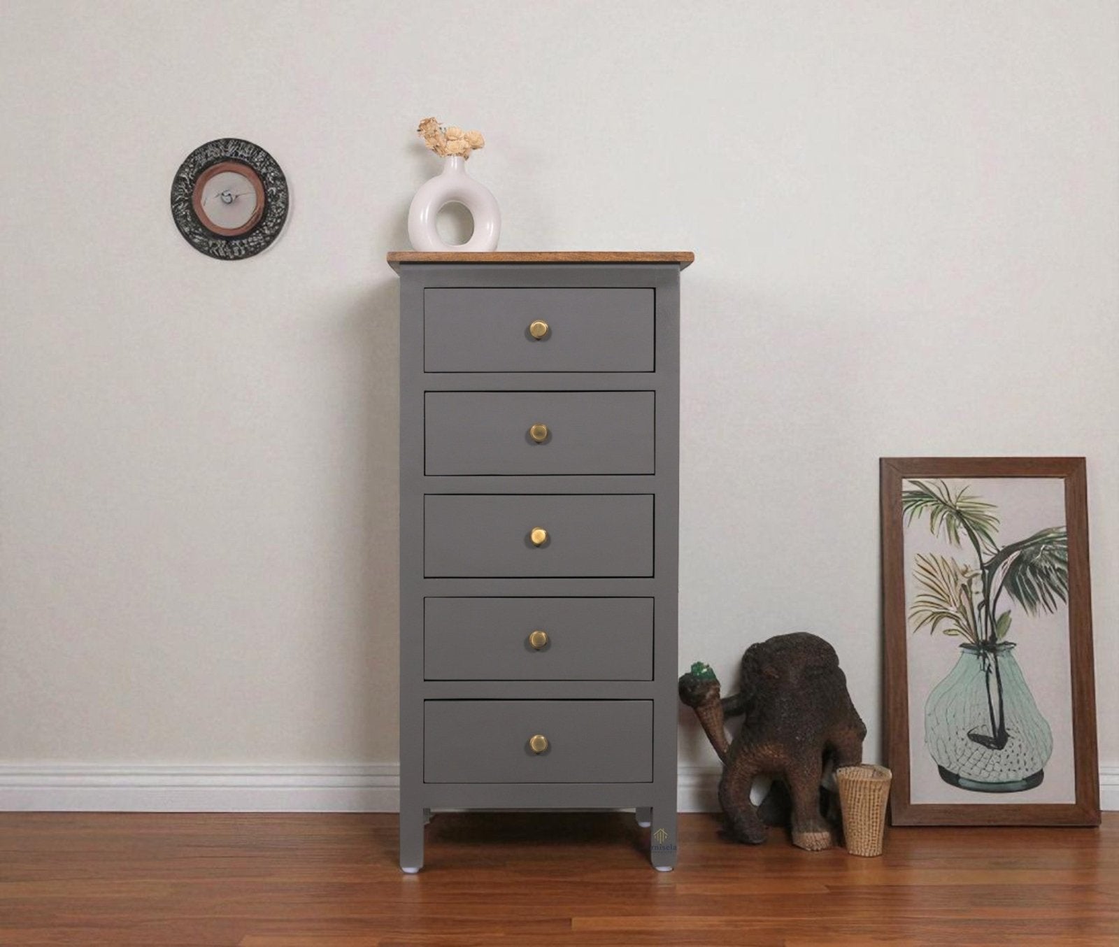 Spain Solid Mango Wood Tall Chest of Drawer - Five Drawers - Chest of Drawer - Furniselan - Slate-Grey