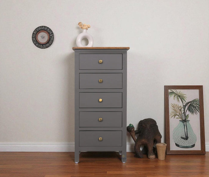 Spain Solid Mango Wood Tall Chest of Drawer - Five Drawers - Chest of Drawer - Furniselan - Slate-Grey