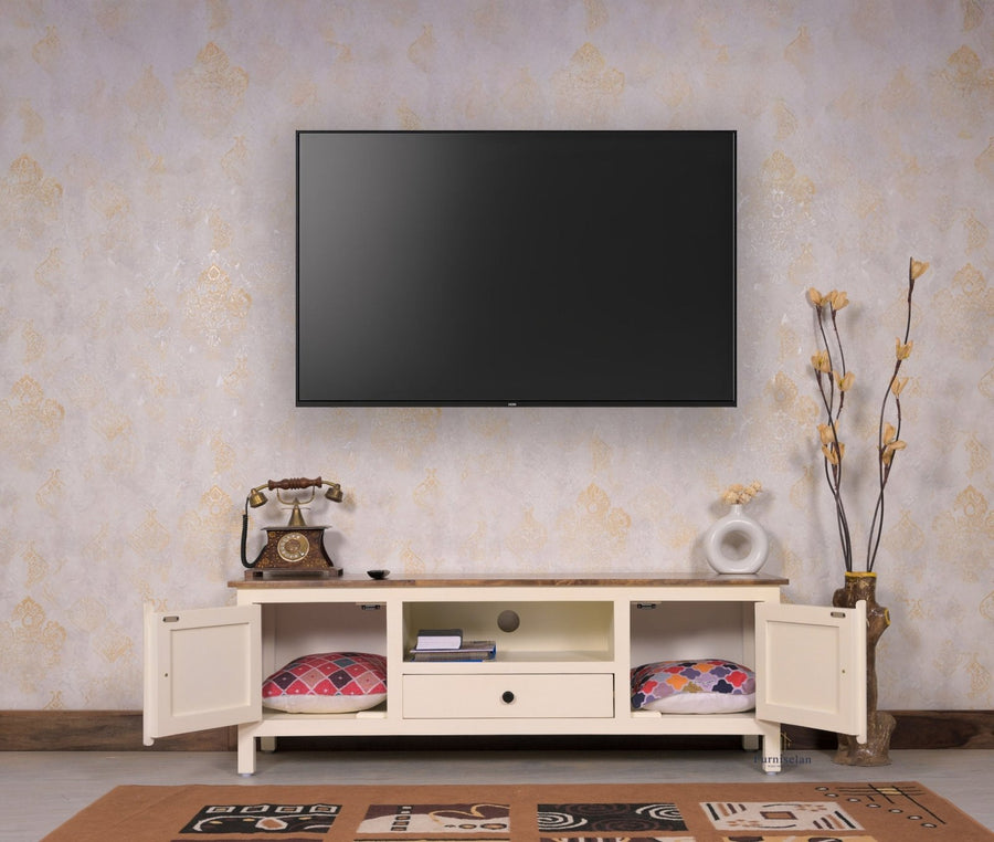 Spain Solid Mango Wood Tv cabinet - Two Doors and One Drawer - Tv Cabinet - Furniselan - Frosty-White