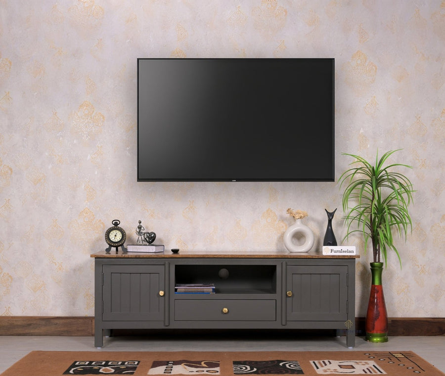 Spain Solid Mango Wood Tv cabinet - Two Doors and One Drawer - Tv Cabinet - Furniselan - Slate-Grey