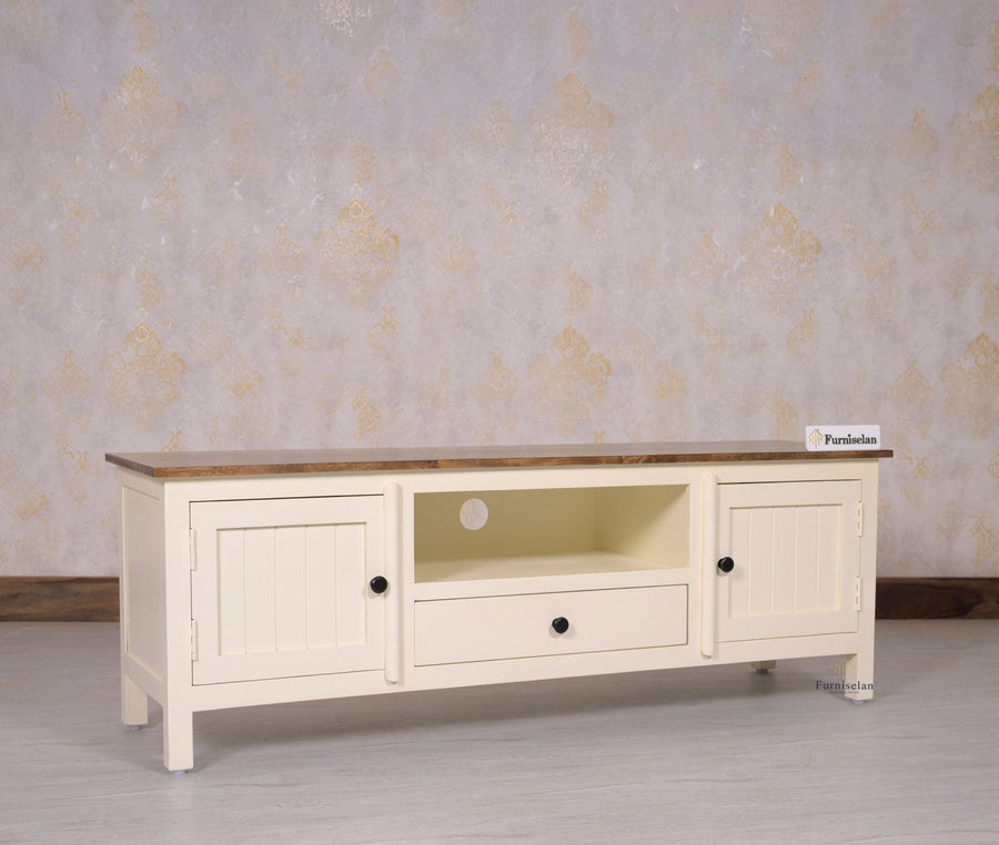 Spain Solid Mango Wood Tv cabinet - Two Doors and One Drawer - Tv Cabinet - Furniselan - Frosty-White