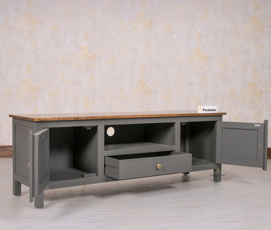 Spain Solid Mango Wood Tv cabinet - Two Doors and One Drawer - Tv Cabinet - Furniselan - Slate-Grey