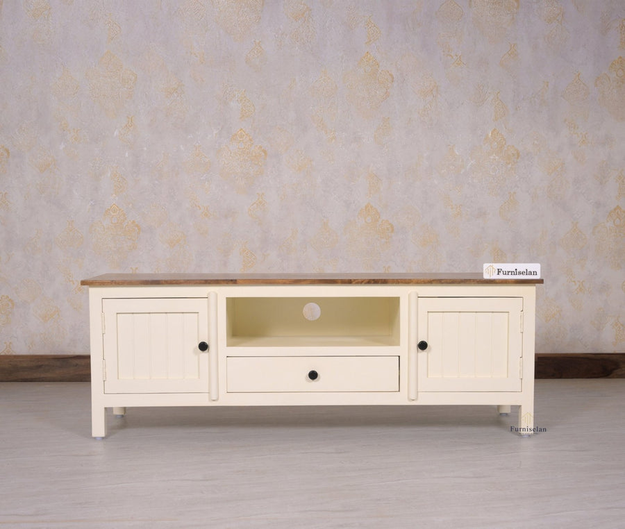 Spain Solid Mango Wood Tv cabinet - Two Doors and One Drawer - Tv Cabinet - Furniselan - Frosty-White