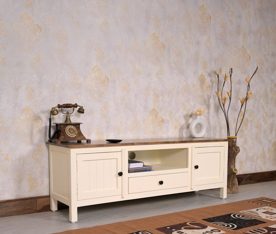 Spain Solid Mango Wood Tv cabinet - Two Doors and One Drawer - Tv Cabinet - Furniselan - Frosty-White