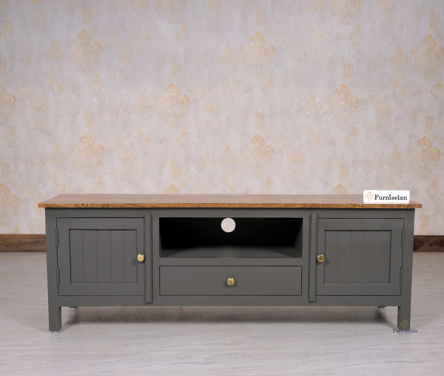 Spain Solid Mango Wood Tv cabinet - Two Doors and One Drawer - Tv Cabinet - Furniselan - Slate-Grey