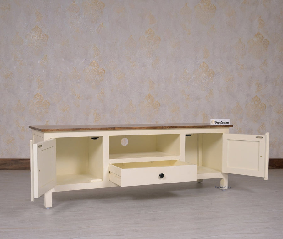 Spain Solid Mango Wood Tv cabinet - Two Doors and One Drawer - Tv Cabinet - Furniselan - Frosty-White