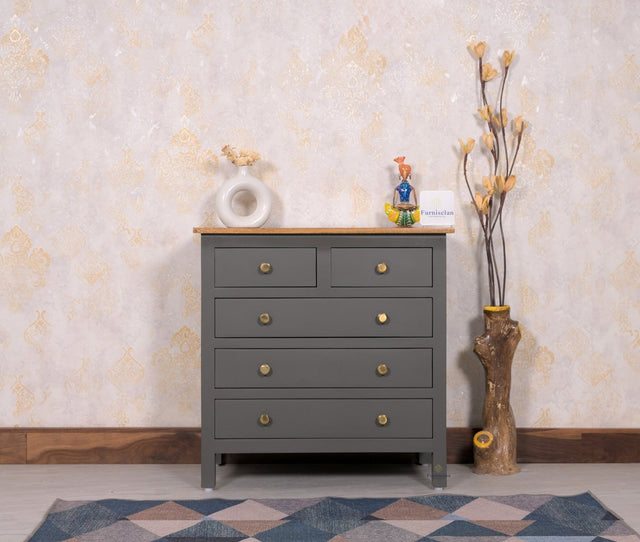 Spain Solid Mango Wood Wide Chest of Drawer - Five Drawers - Chest of Drawer - Furniselan - Slate-Grey