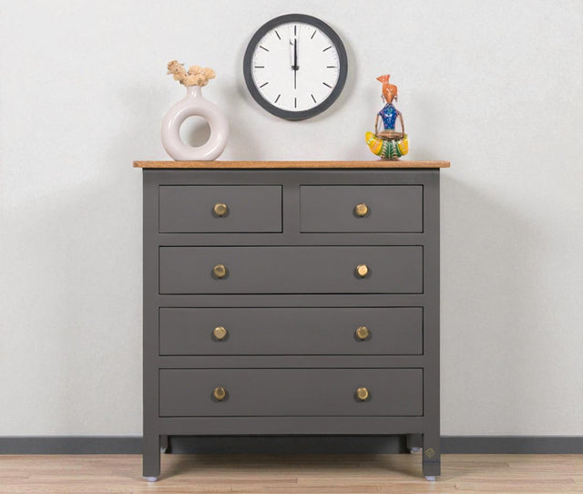 Spain Solid Mango Wood Wide Chest of Drawer - Five Drawers - Chest of Drawer - Furniselan - Slate-Grey