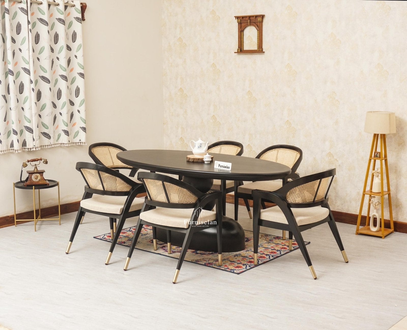 Telford Wooden Oval Dining Table Six Seater with Six Chairs Furniselan Black Finish