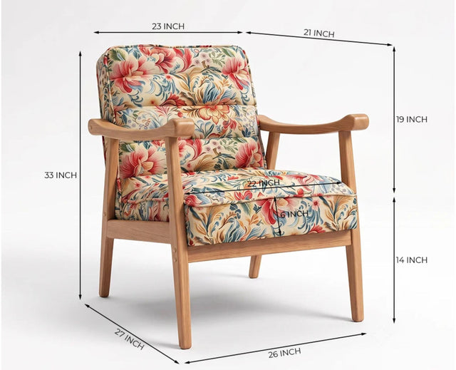 Levon Rubber Wood Arm Chair with Cotton Fabric - Cream / Multicolor Floral Print