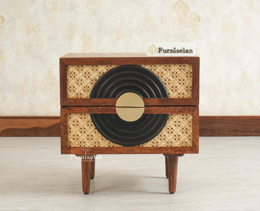 The Regal Solid Wood Rattan Bedside Table Two Drawer Furniselan Brown Finish