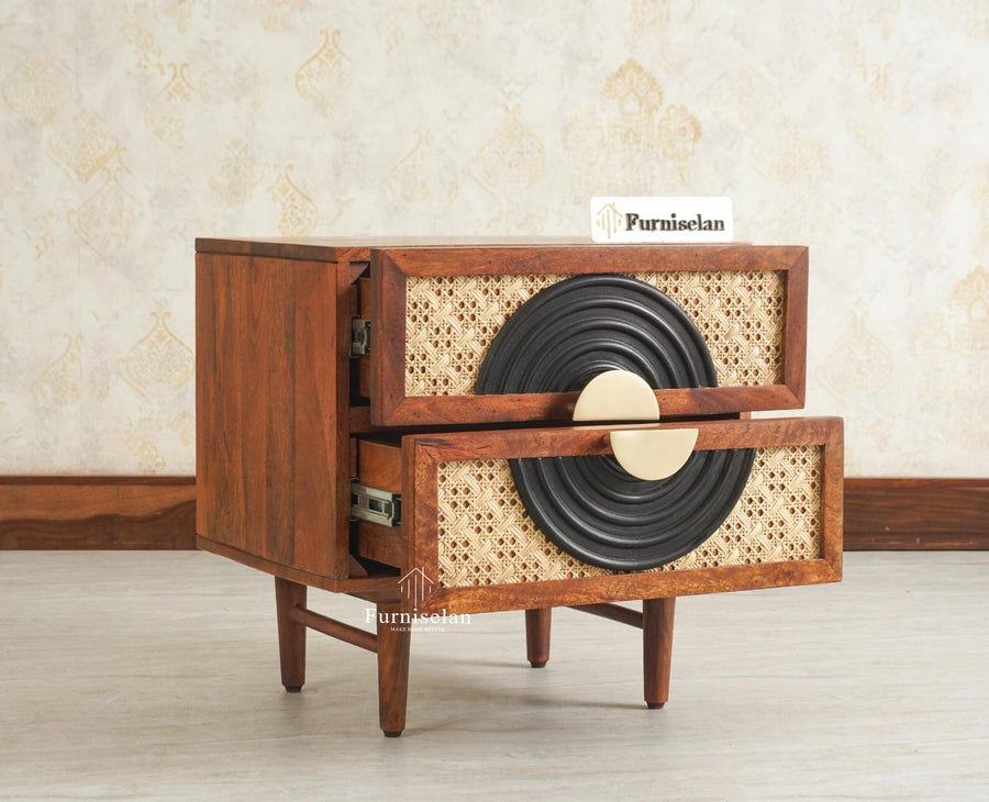 The Regal Solid Wood Rattan Bedside Table Two Drawer Furniselan Brown Finish