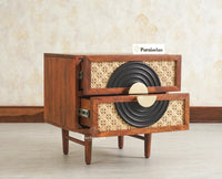 The Regal Solid Wood Rattan Bedside Table Two Drawer Furniselan Brown Finish