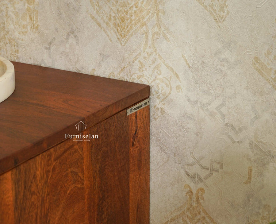 The Regal Solid Wood Rattan Bedside Table Two Drawer Furniselan Brown Finish