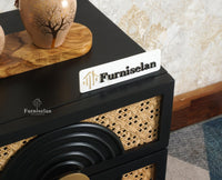 The Regal Solid Wood Rattan Bedside Table Two Drawer Furniselan Black Finish