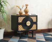 The Regal Solid Wood Rattan Bedside Table Two Drawer Furniselan Black Finish