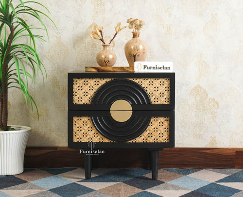 The Regal Solid Wood Rattan Bedside Table Two Drawer Furniselan Black Finish