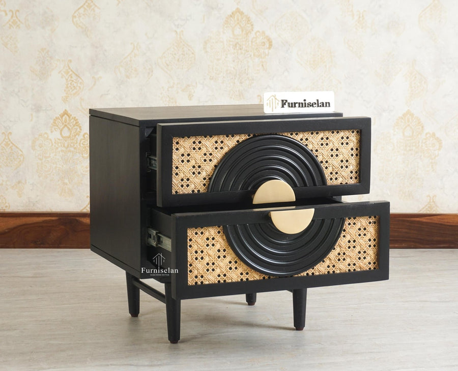The Regal Solid Wood Rattan Bedside Table Two Drawer Furniselan Black Finish