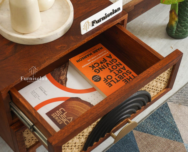 The Regal Solid Wood Rattan Bedside Table Two Drawer Furniselan Brown Finish