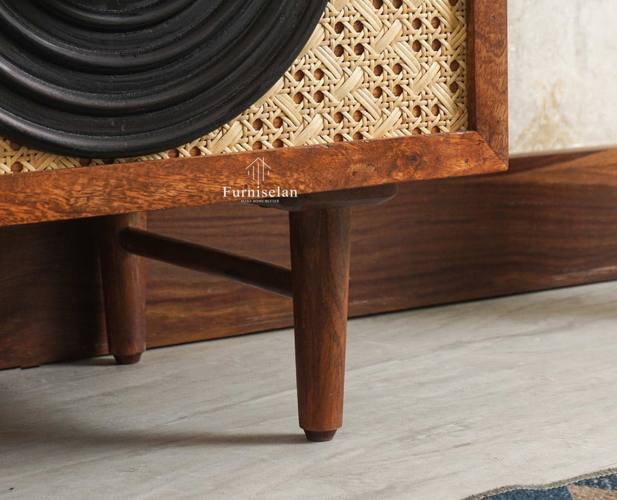 The Regal Solid Wood Rattan Bedside Table Two Drawer Furniselan Brown Finish