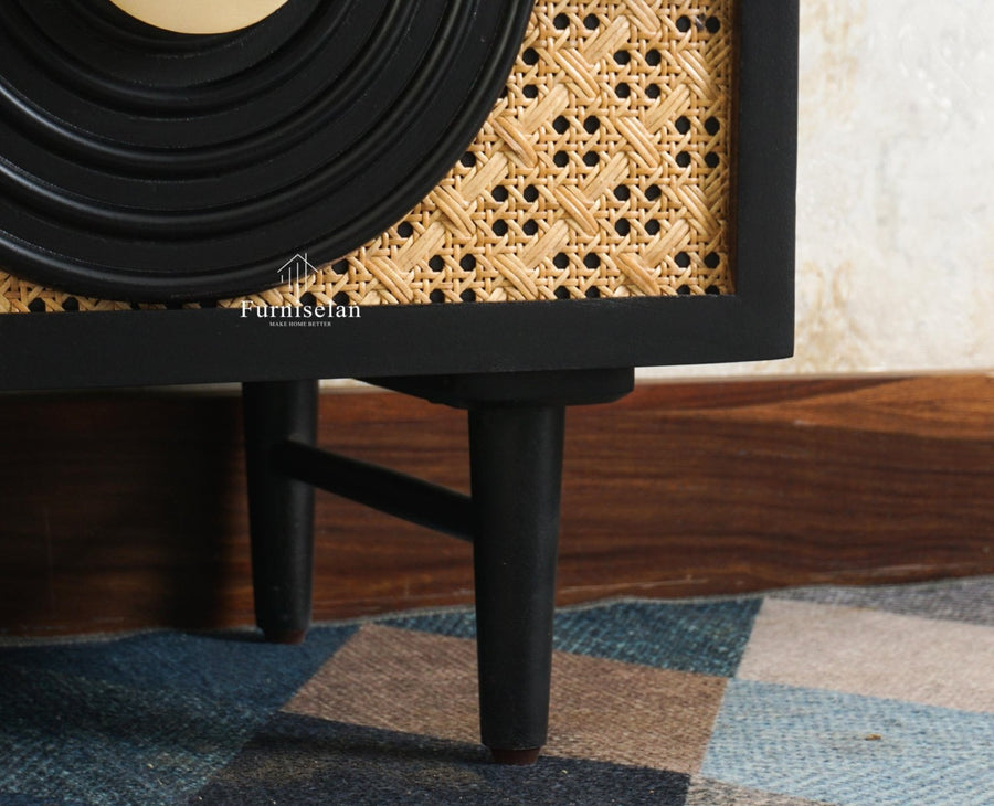 The Regal Solid Wood Rattan Bedside Table Two Drawer Furniselan Black Finish