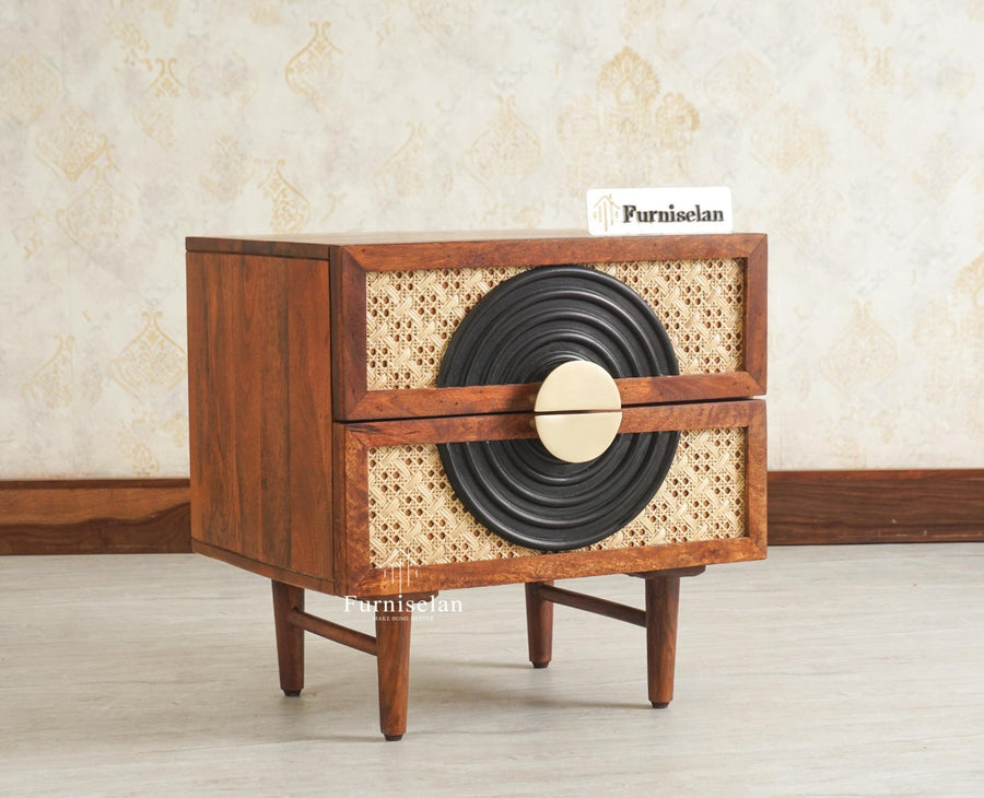 The Regal Solid Wood Rattan Bedside Table Two Drawer Furniselan Brown Finish