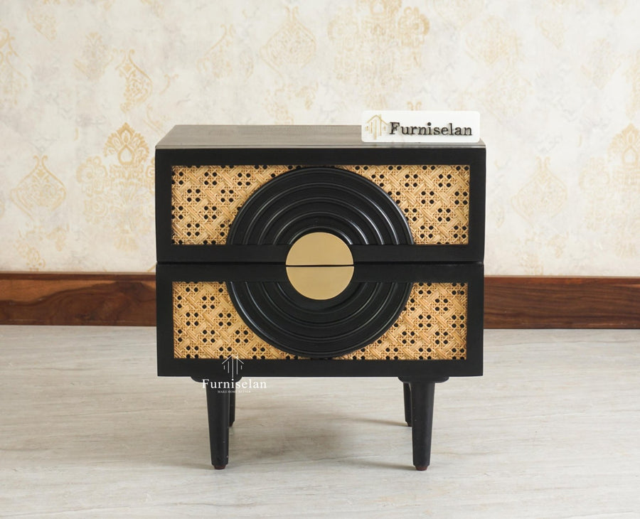 The Regal Solid Wood Rattan Bedside Table Two Drawer Furniselan Black Finish