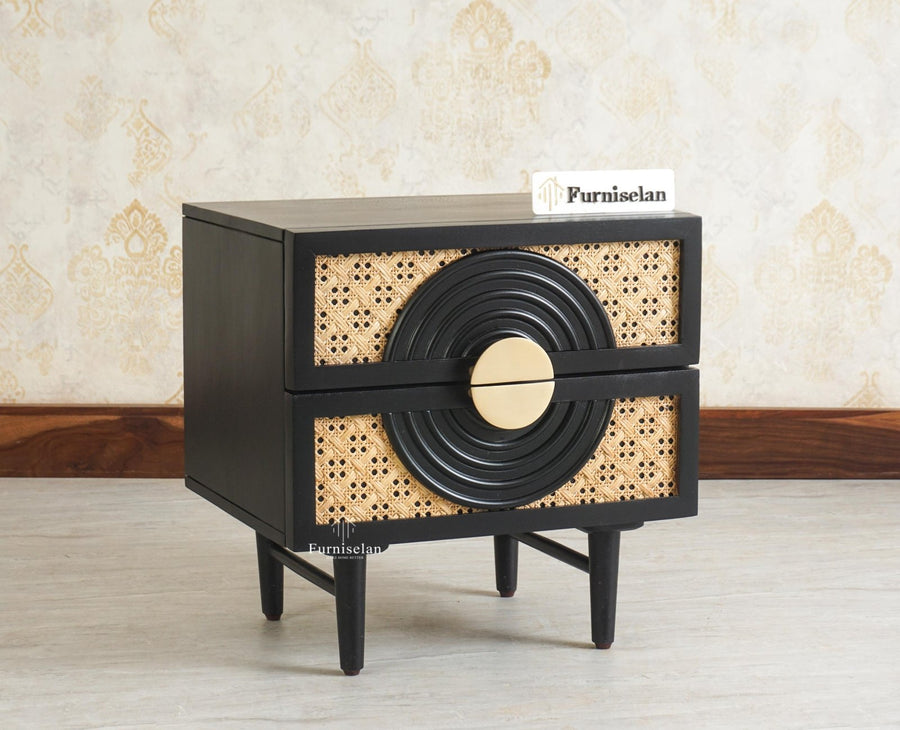 The Regal Solid Wood Rattan Bedside Table Two Drawer Furniselan Black Finish