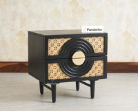 The Regal Solid Wood Rattan Bedside Table Two Drawer Furniselan Black Finish