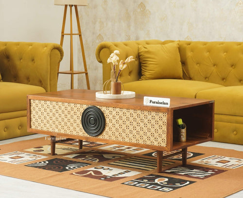 The Regal Solid Wood Rattan Coffee Table Furniselan Brown Finish