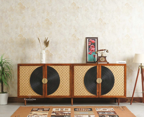 The Regal Solid Wood Rattan Large Sideboard Cabinet Four Doors Furniselan Brown Finish