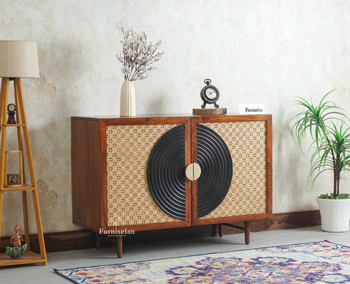 The Regal Solid Wood Rattan Sideboard Cabinet Two Doors Furniselan Brown Finish