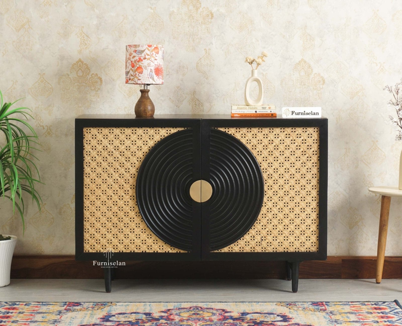 The Regal Solid Wood Rattan Sideboard Cabinet Two Doors Furniselan Black Finish