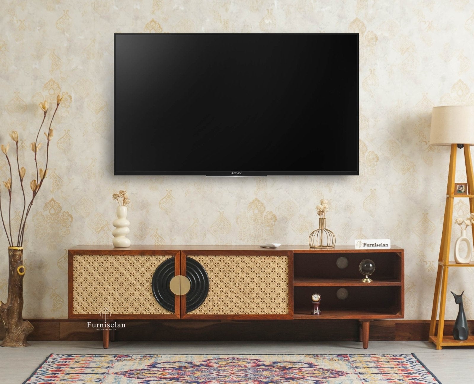 The Regal Solid Wood Rattan Two Door TV Cabinet Unit Furniselan Brown Finish