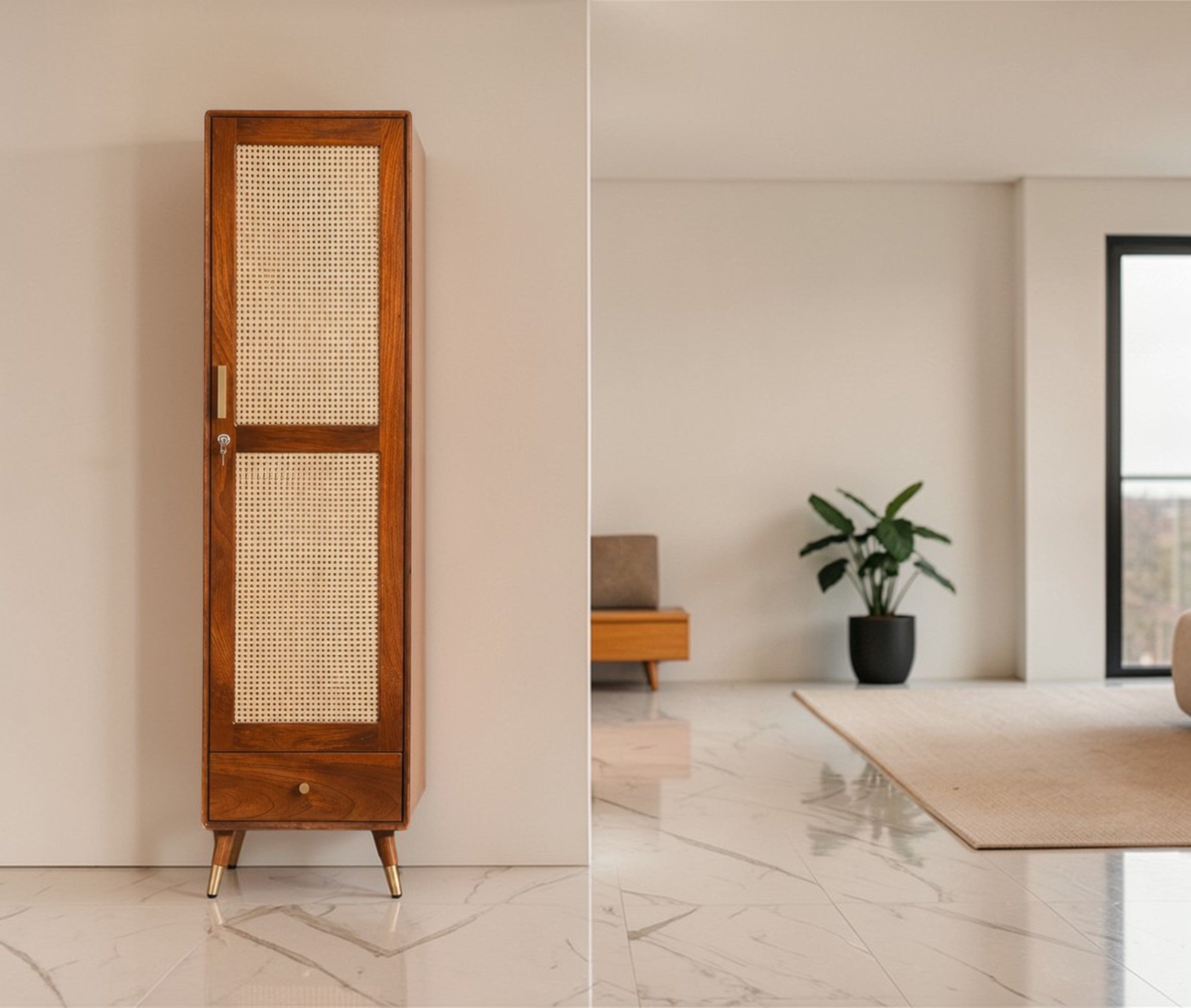 Boston Solid Wood Rattan Cane Single Door Wardrobe - Wardrobes & Cabinets - Furniselan - Brown-Finish