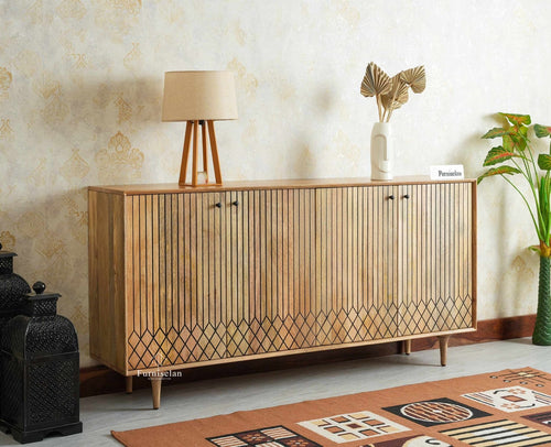 Verona Grid Wooden Large Sideboard Cabinet Four Doors Furniselan natural finish