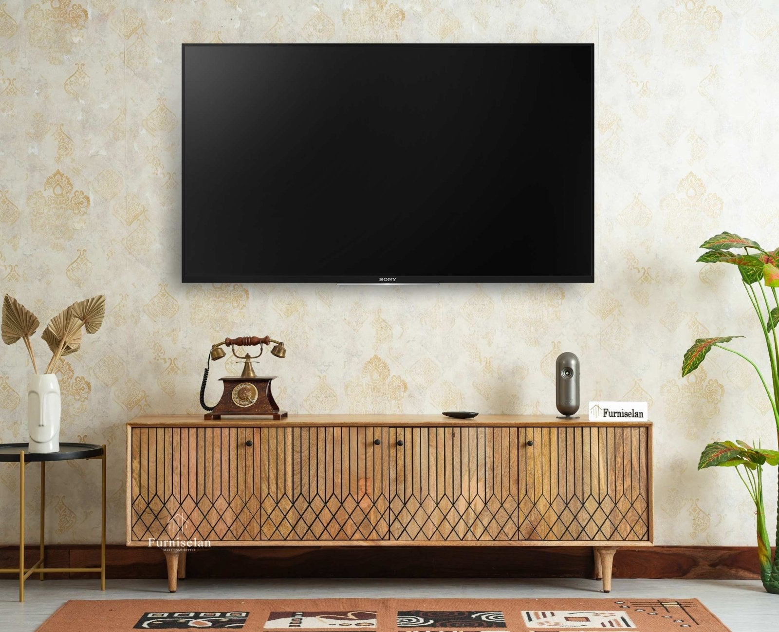 Verona Grid Wooden Large Tv Cabinet Media Unit 4 Door Furniselan natural finish