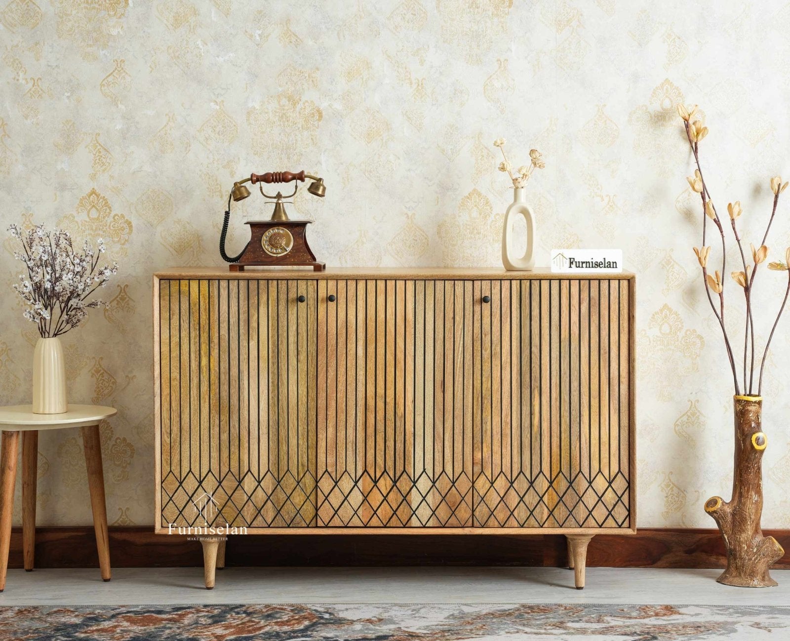 Verona Grid Wooden Sideboard Cabinet Three Doors Furniselan Natural Finish 