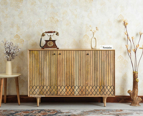 Verona Grid Wooden Sideboard Cabinet Three Doors Furniselan Natural Finish 