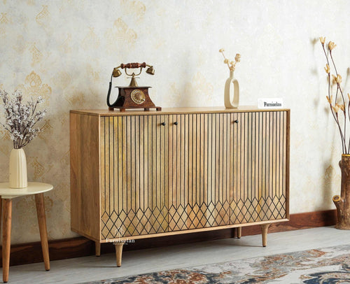Verona Grid Wooden Sideboard Cabinet Three Doors Furniselan Natural Finish 