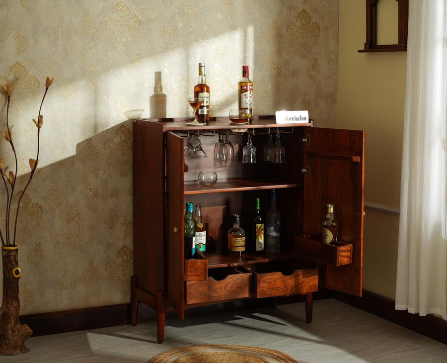 Wellington Solid Wood Bar Cabinet - Bar Cabinet - Furniselan- Brown Finish