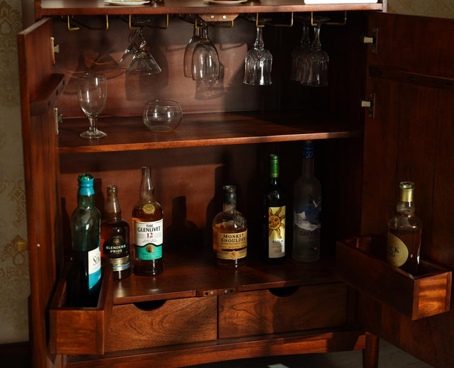 Wellington Solid Wood Bar Cabinet - Bar Cabinet - Furniselan- Brown Finish
